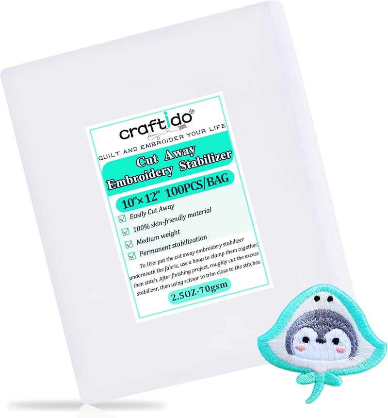craftido 12"x10" 100 Sheets Cut Away Embroidery Stabilizer Backing for 5x7 Hoops 2.5oz Medium Weight for Machine Embroidery and Hand Sewing - Image 1
